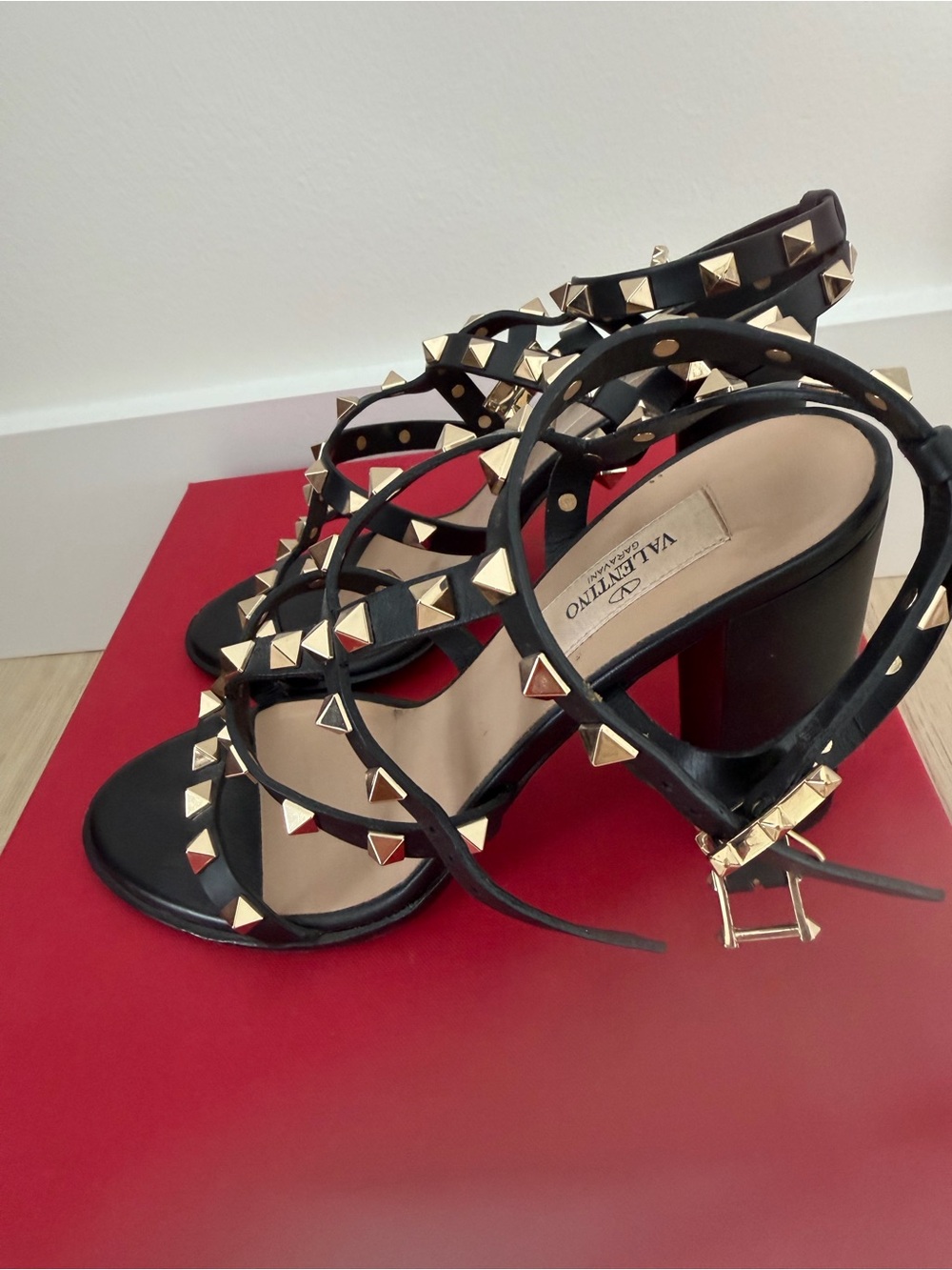 Valentino Black Leather Rockstud Strappy Heels with Gold Studs - Picture 2 of 7